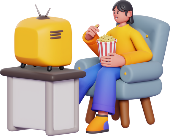 3D Character Woman Watching TV Movie with Popcorn Activity
